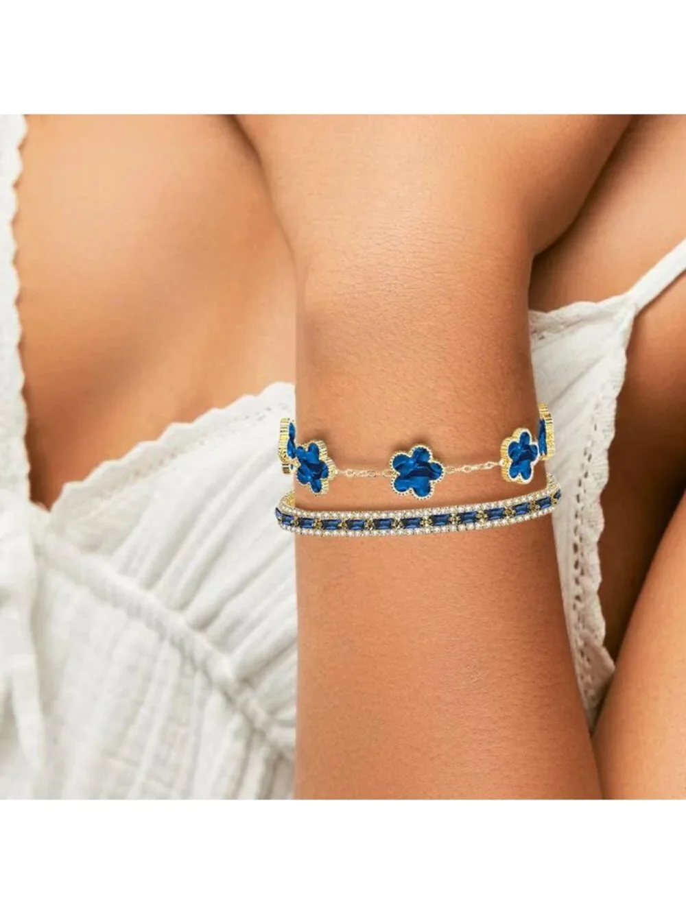 Multicolored CZ Tennis & Flower Bracelet Set - 2Pcs Women's Stacked Jewelry